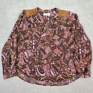 Xirena Boho Floral Print Long Sleeve Smocked Shoulder Top M Cotton Contemporary